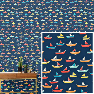 Papel Pintado Pequeños barcos de vela en azul oscuro y náutico