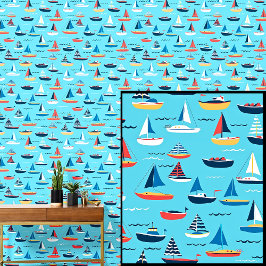 Papel Pintado Pequeños barcos de vela en el mar, acuático azul