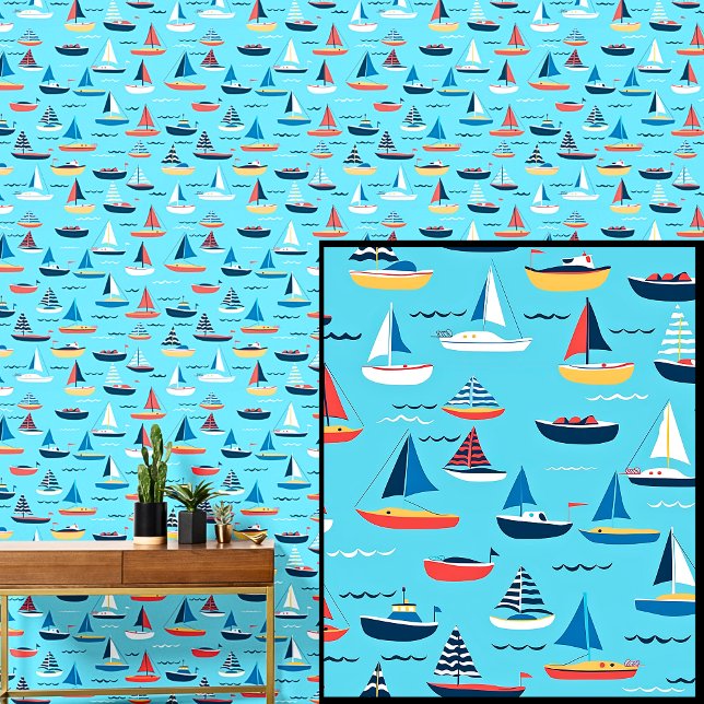 Papel Pintado Pequeños barcos de vela en el mar, acuático azul (Subido por el creador)