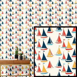 Papel Pintado Pequeños barcos de vela, náuticos, azul rojo amari