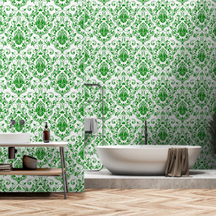 Papel Pintado Perforación y palo de color verde y blanco Damasco