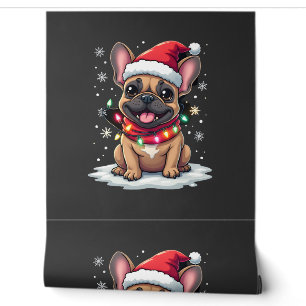 Papel Pintado Perritos franceses divertidos luces gorro de Santa