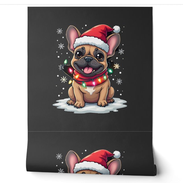 Papel Pintado Perritos franceses divertidos luces gorro de Santa (Desenrollar)