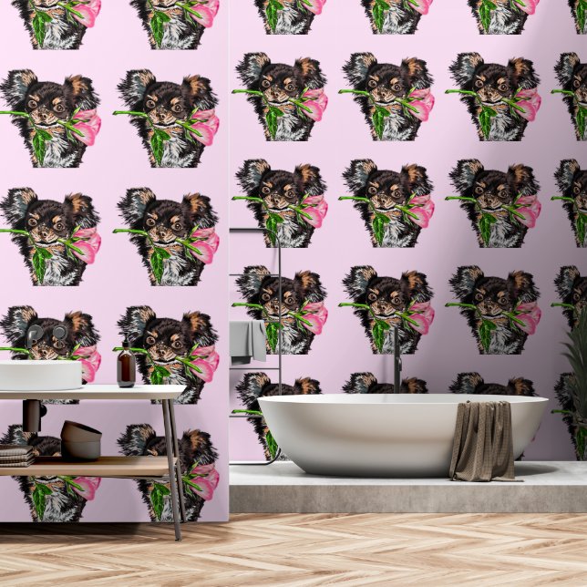 Papel Pintado Perro Mascota con Rosa (Baño)