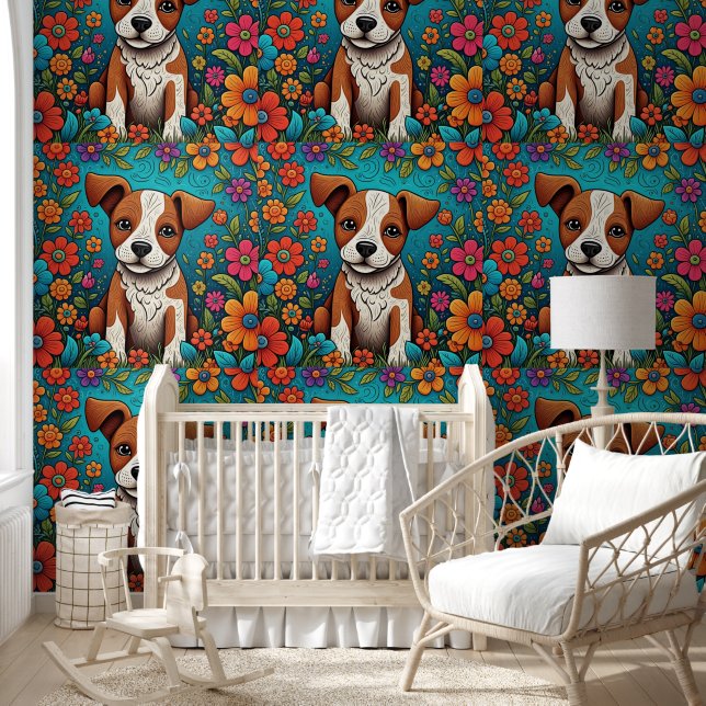 Papel Pintado Perro y flores de porquería de arte folclórico cap (Niños)