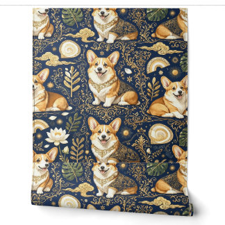 Papel Pintado Perros Corgi Elegantes Patrón de Damasco Dorado Az