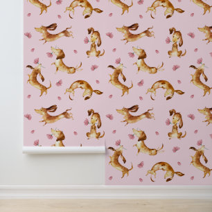 Papel Pintado Perros Dachshund Puppy Perros Pink Floral