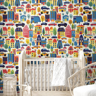 Papel Pintado Personalizado Casas Patrón de árboles de autos par