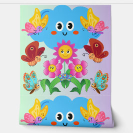 Papel Pintado Personalizado de flores sonrientes y mariposas fel