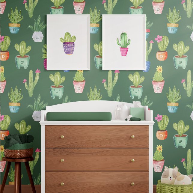Papel Pintado Personalizado Monograma de Plantas de Cactus Potad (Fun Colorful Potted Cactus Plants Custom Monogram Wallpaper)