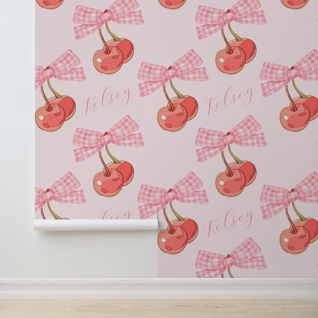 Papel Pintado Personalizado Texto Coquette rosa Barras y cerezas (Solicitud)