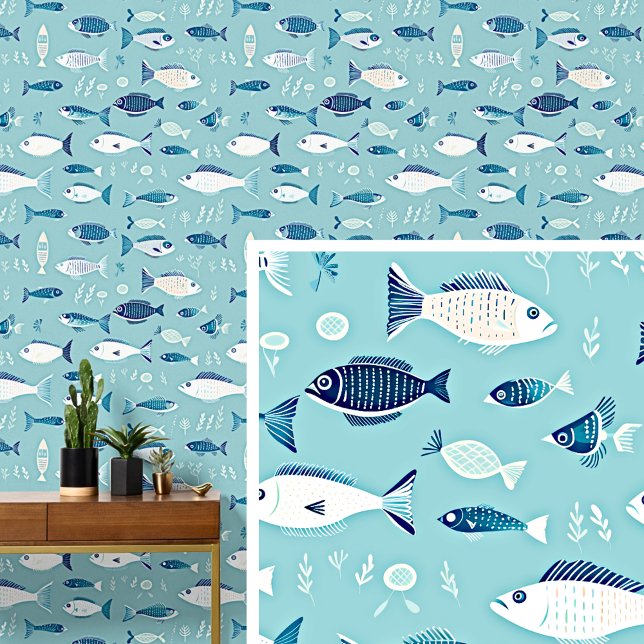 Papel Pintado Pescado azul blanco nadando en azul acuático claro (Subido por el creador)