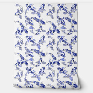 Papel Pintado Pescado de Koi azul y blanco