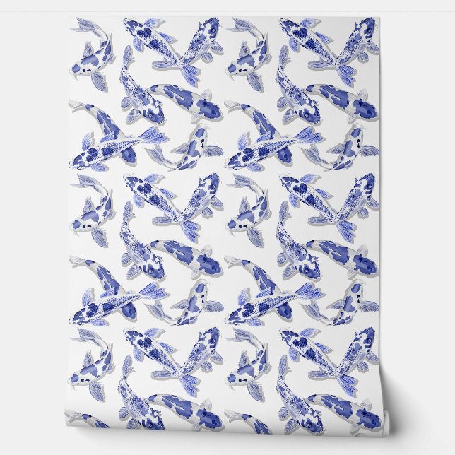 Papel Pintado Pescado de Koi azul y blanco (Desenrollar)