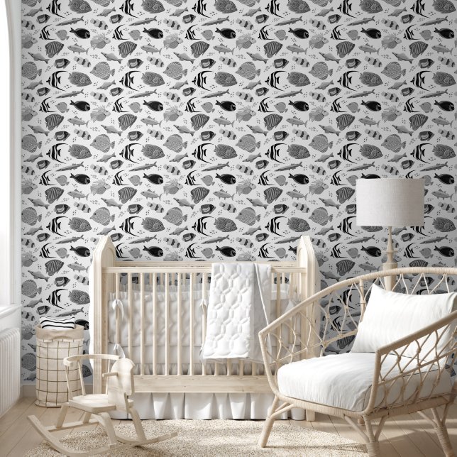 Papel Pintado Pescado negro y blanco de fondo blanco (Niños)