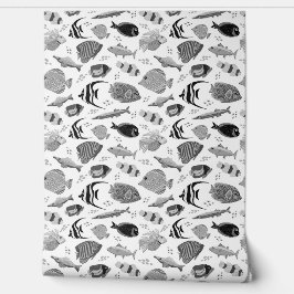 Papel Pintado Pescado negro y blanco de fondo blanco