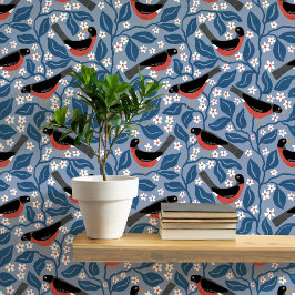 Papel Pintado Petirrojo Americano Flor de Manzano Flor Pájaro