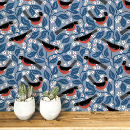 Papel Pintado Petirrojo Americano Flor de Manzano Flor Pájaro