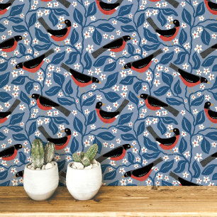 Papel Pintado Petirrojo Americano Flor de Manzano Flor Pájaro