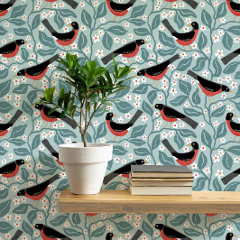 Papel Pintado Petirrojo Americano Flor de Manzano Pájaro Flor Ve