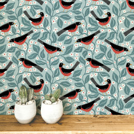 Papel Pintado Petirrojo Americano Flor de Manzano Pájaro Flor Ve