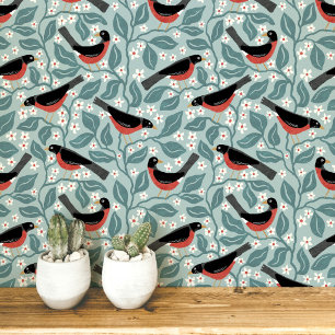 Papel Pintado Petirrojo Americano Flor de Manzano Pájaro Flor Ve