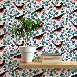 Papel Pintado Petirrojo Americano Violeta Anémona Pájaro Flor