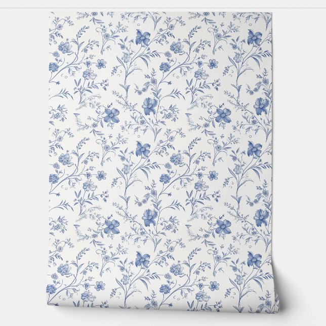Papel Pintado Petite de encanto floral francés - azul y blanco r (Desenrollar)