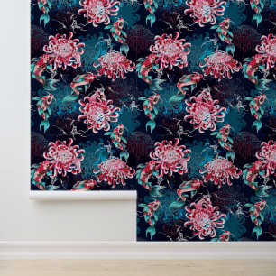 Papel Pintado Pez Koi Japonés & Crisantemos Rojos Azul Turquesa