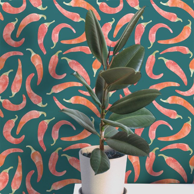 Papel Pintado Pimiento rojo oscuro acuarela (Hot and spicy watercolor red chili peppers on a dark teal green background. Peel and stick wallpaper)