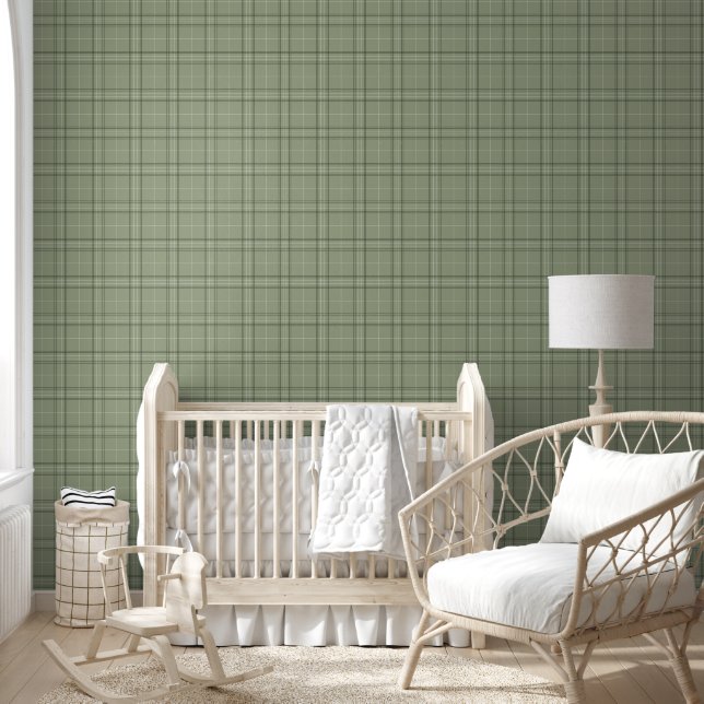Papel Pintado Pine Deer Plaid - tartán de cabincore verde sabio. (Niños)
