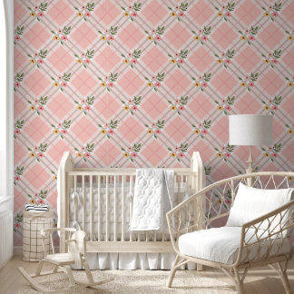 Papel Pintado Pink Cream Plaid Floral Wallpaper