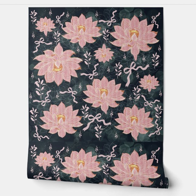 Papel Pintado Pink Floral Wallpaper on Dark Background – Elegant (Desenrollar)
