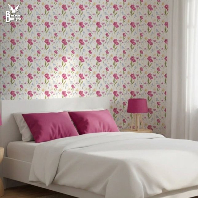 Papel Pintado Pink Floral Watercolor Wildflower (Pretty Pink Wildflower Wallpaper. Ideal diy spring decor for feminine bedroom. Matching available.)
