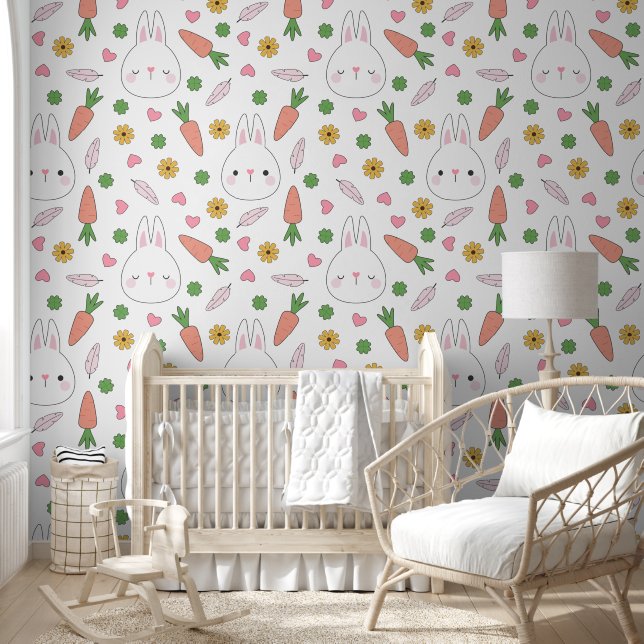 Papel Pintado Pink Hearts Bunnies Carrots Chica Nursery Pattern (Niños)