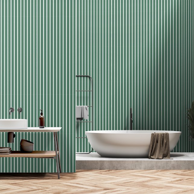 Papel Pintado Pino Polvoriento Verde Y Blanco Banda De Carnicero (Baño)