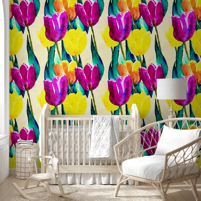 Papel Pintado Pintura acuática artística de tulipanes Cuta púrpu (Niños)