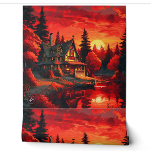 Papel Pintado Pintura de atardecer con cabaña y lago-66633
