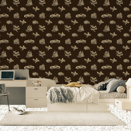 Papel Pintado Planes De Tren Infantil Y Autos Marrón Metálico De