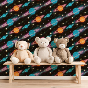 Papel Pintado Planetas Neon y Lunas Espacio Exterior