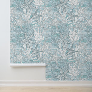 Papel Pintado Plantas submarinas de acuarela Estrella de mar Azu