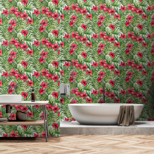 Papel Pintado Playa costera con flores de hibiscus en el paraíso