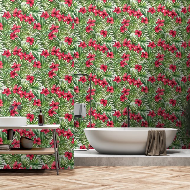 Papel Pintado Playa costera con flores de hibiscus en el paraíso (Baño)