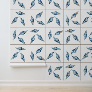 Papel Pintado Playa Náutica Blue Seashell Shell White Faux Tile