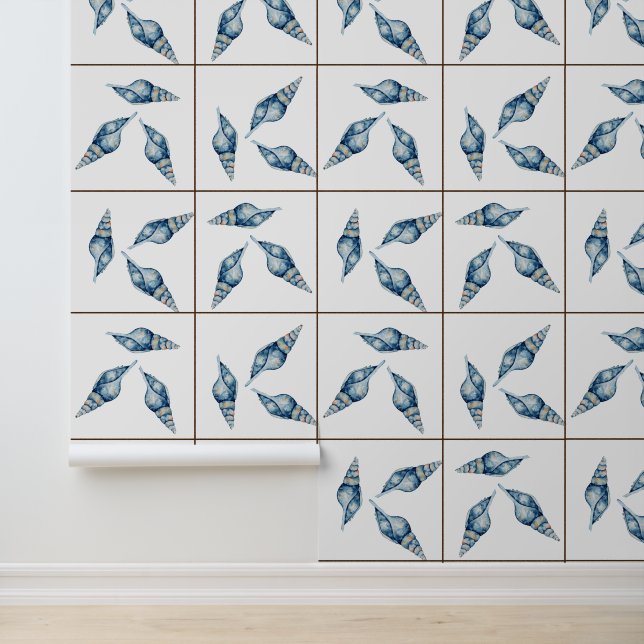 Papel Pintado Playa Náutica Blue Seashell Shell White Faux Tile (Solicitud)