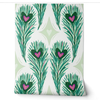 Papel Pintado Pluma de pavo real de 24" con corazón rosa - Verde