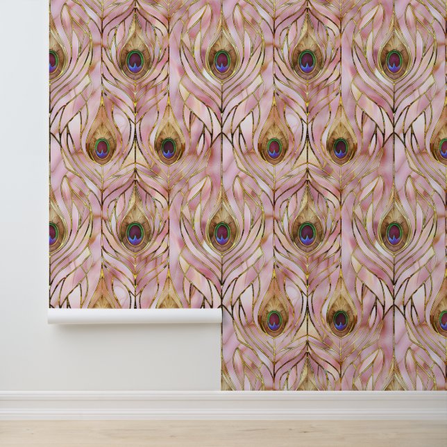 Papel Pintado Plumas de pavo real de oro de Glam rosa (Solicitud)