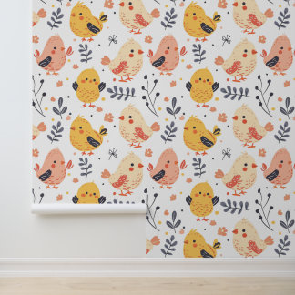 Papel Pintado Pollitos de primavera y patrón floral lindos