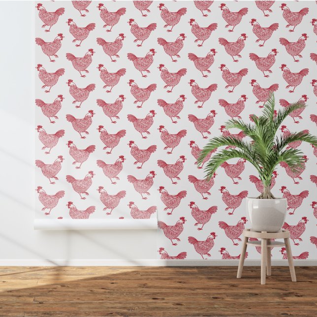 Papel Pintado Pollo Hen Granja País Blanco Rojo (Chicken hen poultry art wallpaper)