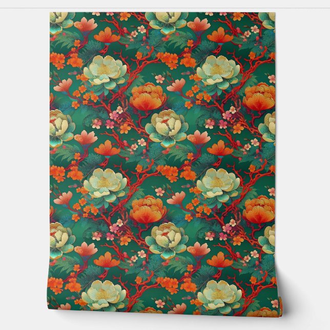 Papel Pintado Ponies japoneses sobre esmeralda (Desenrollar)